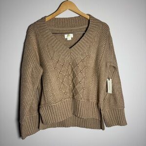 Anthropologie Maeve Women's Small Sweater Tillie V Neck Cable Knit Tan Brown NWT